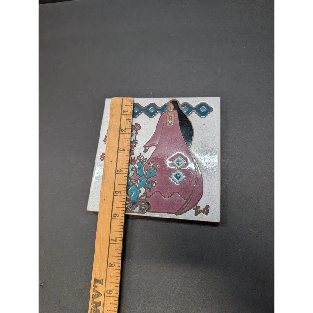 Earthtones Ceramic Tile Trivet Native American Woman Flowers 1990 -6